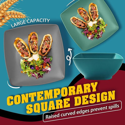 Teivio 32-piece Plastic Wheat Straw Square Dinnerware Set for 8, Unbreakable Dinner Plates, Salad Plates, Snack Bowls, Tumblers 20 oz, Dishwasher Safe, Coastal Multicolor