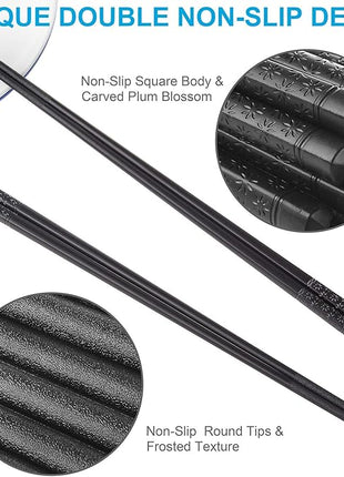 10 Pairs Fiberglass Chopsticks Family Set, ONEHERE Reusable Chinese, Japanese, Korean Chop sticks, Dishwasher Safe, Non-slip, for Sushi, Noodles, Food, Hotpot& Cooking, 9.5 inches, Classic Black