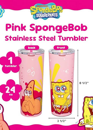Dragon Glassware x SpongeBob SquarePants 24 oz Vacuum Insulated Tumbler with Lid and Straw - Tumbler Cup with 2 Straws - Stainless Steel Tumbler with Straw for Water, Iced Tea - SpongeBob - Pink