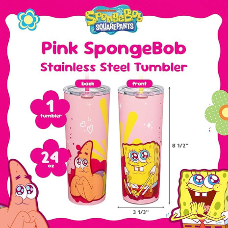 Dragon Glassware x SpongeBob SquarePants 24 oz Vacuum Insulated Tumbler with Lid and Straw - Tumbler Cup with 2 Straws - Stainless Steel Tumbler with Straw for Water, Iced Tea - SpongeBob - Pink