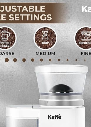 Kaffe Electric Burr Coffee Grinder (5.5oz) w/Adjustable Coarseness Settings - Flat Burr - [New Upgraded Motor ] - Precision Coffee Bean Grinder for Home Use - White