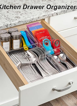 SMARTAKE 7-Piece Drawer Organizer with Non-Slip Silicone Pads, 4-Size Desk Drawer Organizer Trays Storage Tray for Makeup, Jewelries, Utensils in Bedroom Dresser, Office and Kitchen (Clear)
