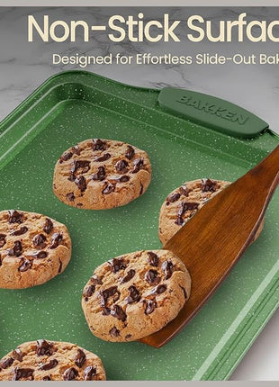 BAKKEN Kitchen Baking Pan Set - Nonstick Green Marble Coating, Carbon Steel Bakeware Sets with Green Silicone Handles, Kitchen Essentials, PFOA, PFOS, PTFE Free, Oven Safe (Up To 450° F), Set of 3