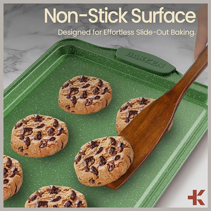 BAKKEN Kitchen Baking Pan Set - Nonstick Green Marble Coating, Carbon Steel Bakeware Sets with Green Silicone Handles, Kitchen Essentials, PFOA, PFOS, PTFE Free, Oven Safe (Up To 450° F), Set of 3