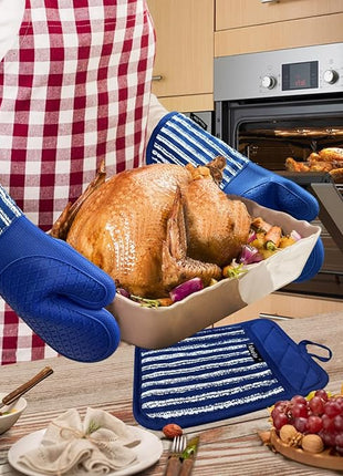 Silicone Oven Mitts Heat Resistant 932℉ with Waterproof & Non-Slip Kitchen Mittens, Set of 2 Extra Long Oven Gloves with Soft Cotton Terry Lining for Baking Cooking Barbecue (Cobait Blue, 2)
