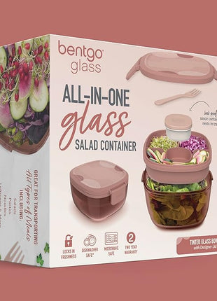 Bentgo Glass Prints All-in-One Salad Container - 61oz Tinted Glass Salad Bowl with Lid, Bento-Style Tray, Sauce Container, & Reusable Fork - Dishwasher & Microwave Safe (Mod Curve - Desert Rose)