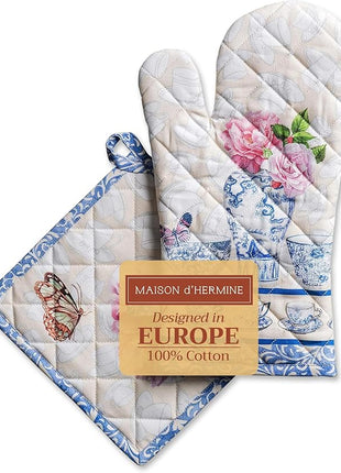 Maison d' Hermine 100% Cotton Oven Mitt & Pot Holder Set (7.5"x13" & 8"x8") Heat Resistant BBQ Cooking Gloves with Loop, Baking, Grilling, Kitchen, Handling Hot Pans Spring/Summer (Canton)