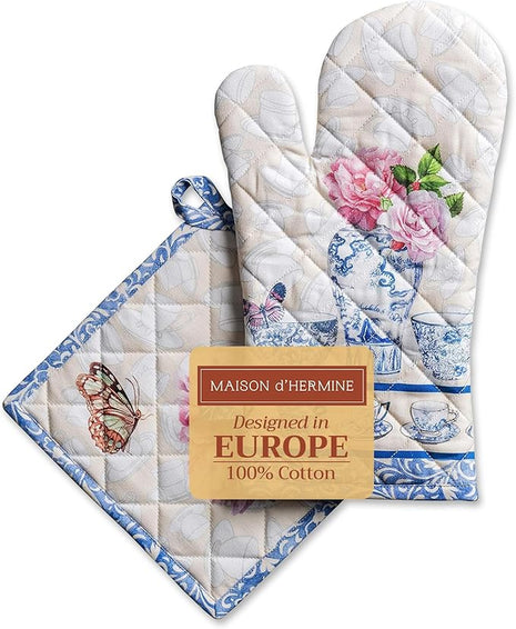 Maison d' Hermine 100% Cotton Oven Mitt & Pot Holder Set (7.5"x13" & 8"x8") Heat Resistant BBQ Cooking Gloves with Loop, Baking, Grilling, Kitchen, Handling Hot Pans Spring/Summer (Canton)