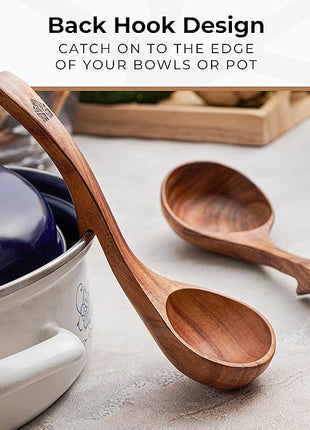 Wooden Ladle for Soup, 3 Size Teak Wood Ladle Spoon with Back Hooks for Pot & Bowl, Non-Stick Wooden Spoon Set for Cooking, Serving and Stirring