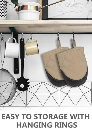 1 Pair Short Oven Mitts - Silicone Kitchen Oven Gloves High Heat Resistant 500℉, Mini Oven Mits with Non-Slip Grip Surfaces and Hanging Loop for BBQ, Baking, Cooking and Grilling (Coffee)