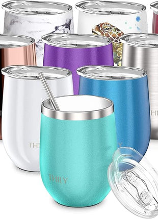 THILY Stainless Steel Stemless Wine Glass T1 Triple Vacuum Insulated Travel Wine Tumbler Cup with Lid and Reusable Straw, 12 oz, Keep Drinks Cold or Hot, Teal