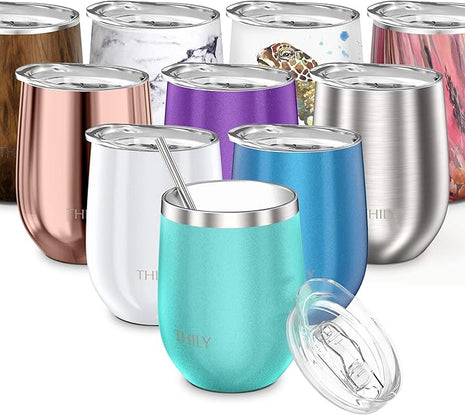 THILY Stainless Steel Stemless Wine Glass T1 Triple Vacuum Insulated Travel Wine Tumbler Cup with Lid and Reusable Straw, 12 oz, Keep Drinks Cold or Hot, Teal