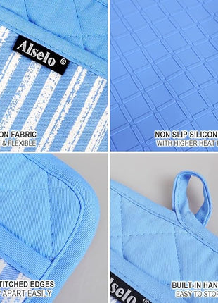 Silicone Pot Holders Set of 3 Heat Resistant & Non Slip Potholders, Professional Oven Hot Pads with Pockets Mitts for Kitchen Cooking Baking Barbecue (3, Blue)