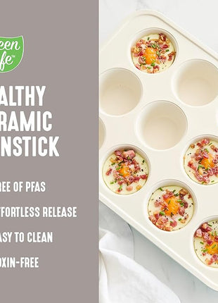 GreenLife 12-Cup Muffin Pan, PFAS-Free Healthy Nonstick Baking Tray, 11.4" x 1.9" x 15.9", Durable Ceramic Bakeware, Cupcakes, Egg Bites, Tarts, Brownies, Taupe