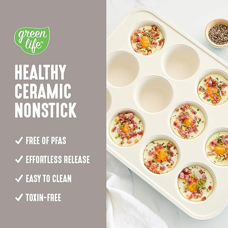 GreenLife 12-Cup Muffin Pan, PFAS-Free Healthy Nonstick Baking Tray, 11.4" x 1.9" x 15.9", Durable Ceramic Bakeware, Cupcakes, Egg Bites, Tarts, Brownies, Taupe