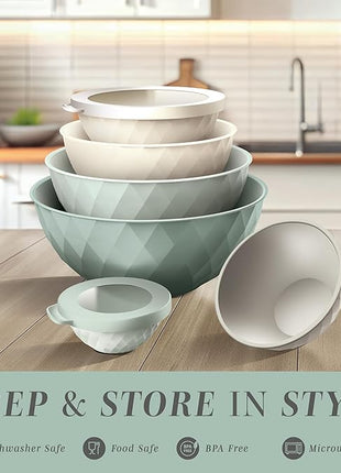 COOK WITH COLOR Mixing Bowls with Lids - 12 Piece Plastic Nesting Bowls Set includes 6 Prep Bowls and 6 Lids, Diamond Design - Microwave Safe, Mint