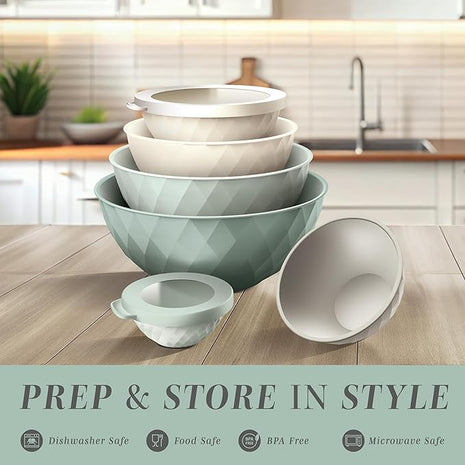 COOK WITH COLOR Mixing Bowls with Lids - 12 Piece Plastic Nesting Bowls Set includes 6 Prep Bowls and 6 Lids, Diamond Design - Microwave Safe, Mint