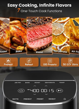 Nuwave Brio Plus Air Fryer 8 Qt, New & Improved, PFAS-FREE, 7 Digital One-Touch Cook Functions that AIR FRY, BAKE, ROAST, DEHYDRATE, TOAST, REHEAT, PREHEAT, 150 Presets, 50°F~400°F, 700/1500/1800W