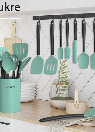 Coukre Silicone Kitchen Cooking Utensils Set with Holder – Heat-Resistant, Food-Grade Kitchen Tools, Spatula, Spoon & Gadgets for Non-Stick Pans, Dishwasher Safe (14, AquaGreen)