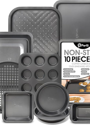 Perlli Baking Pan 10 Piece Set Nonstick Carbon Steel Gray Oven Bakeware Kitchen Set, 2 Cookie Sheets, 2 Round Cake Pans, Square Pan, Roasting Pan, Loaf Pan, Crisp Pan, Pizza Crisper, & Muffin Pan
