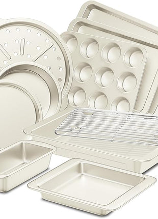 HONGBAKE Bakeware Sets, Baking Pans Set, Nonstick Oven Pan for Kitchen with Wider Grips, 10-Piece Including Rack, Cookie Sheet, Cake Pans, Loaf Pan, Muffin Pan, Pizza Pan -Cream