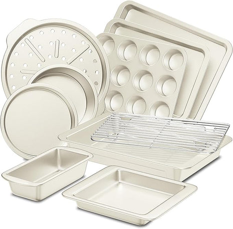 HONGBAKE Bakeware Sets, Baking Pans Set, Nonstick Oven Pan for Kitchen with Wider Grips, 10-Piece Including Rack, Cookie Sheet, Cake Pans, Loaf Pan, Muffin Pan, Pizza Pan -Cream