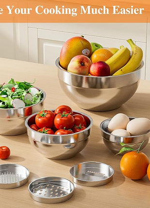 Mixing Bowls with Lids Set, 6 PCS Stainless Steel Mixing Bowls with 3 Grater Attachments, Kitchen Food Organizers Nesting Mixing Bowl, Large Size 4.5, 3.5, 2.1, 1.5, 1.1, 0.7QT-Colorful