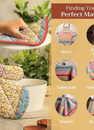 Maison d' Hermine 100% Cotton Oven Mitt & Pot Holder Set (7.5"x13" & 8"x8") Heat Resistant BBQ Cooking Gloves with Loop, Baking, Grilling, Kitchen, Handling Hot Pans Spring/Summer (Provence)