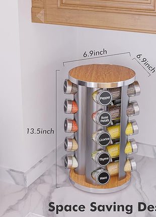 Revolving Spice Rack Set with 20 Spice Jars, Kitchen Spice Tower Organizer for Countertop or Cabinet -- Carousel Storage Includes 386 Spice Labels -- Desktop Rotating Seasoning Organizer