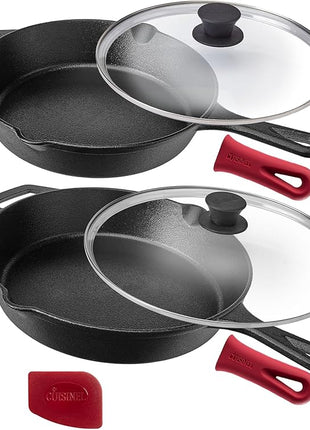 Cuisinel Cast Iron Skillet Set - 10" + 12" Frying Pan + Glass Lids + 2 Handle Cover Grips - Pre-Seasoned Oven Cookware - Indoor/Outdoor Use - Grill, Stovetop, Induction, BBQ, Camping, Fire Use