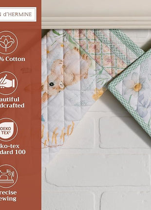 Maison d' Hermine 100% Cotton Oven Mitt & Pot Holder Set (7.5"x13" & 8"x8") Heat Resistant BBQ Cooking Gloves with Loop, Baking, Grilling, Kitchen, Handling Hot Pans Spring/Summer (Easter Dew)
