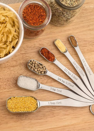 Accurate 18/8 Stainless Steel Measuring Spoons, Heavy Duty Good Handle Set of 6 Measuring Spoon with Ring Connector, Silver