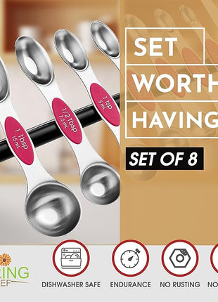 Spring Chef Pink Stainless Steel Magnetic Measuring Spoons Set of 8 with Leveler, Dual Sided Teaspoon & Tablespoon Measuring Set for Dry and Liquid Ingredients, Kitchen Gadgets for Baking & Cooking