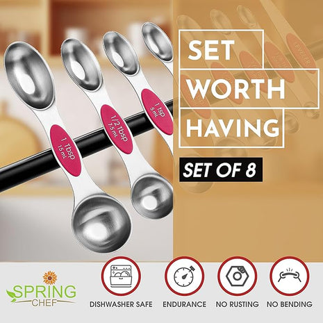 Spring Chef Pink Stainless Steel Magnetic Measuring Spoons Set of 8 with Leveler, Dual Sided Teaspoon & Tablespoon Measuring Set for Dry and Liquid Ingredients, Kitchen Gadgets for Baking & Cooking