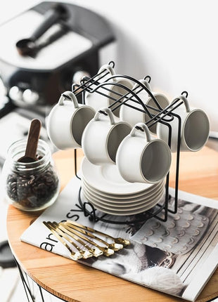 YHOSSEUN Espresso Cups with Saucers and Metal Stand, 4 Oz Ceramic Expresso Shots Cup Espresso Small Coffee Cups Set of 6, Beige