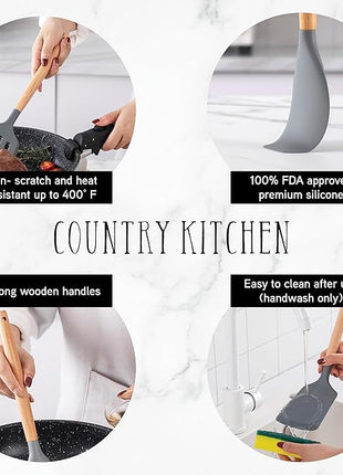 Country Kitchen Non Stick Silicone Utensil Set with Rounded Wood Handles for Cooking and Baking, 14 Piece Set, Gray