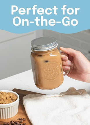 Estilo Mason Jar, 16 oz, Set of 6, Glass Drinking Cups with Handles, Tin Lids, Overnight Oats Jars, Smoothie Cups