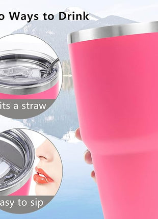 Toopify 30 oz Stainless Steel Insulated Tumbler Travel Mug with Straw Slider Lid, Cleaning Brush, Double Wall Vacuum (Hot Pink)