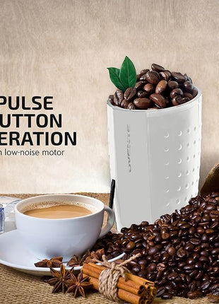 OVENTE Electric Coffee Grinder for Beans, Spices and More, 2.5Oz Compact Grinding Mill, Spice Grinder with Stainless Steel Blade, Pulse Button Operation and Transparent Easy to Open Lid, White CG225W