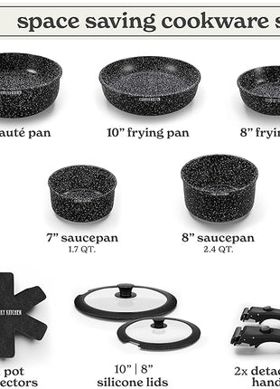 Country Kitchen Cookware Set with Removable Handle, Oven & RV Safe Pots and Pans Set, Black, Original