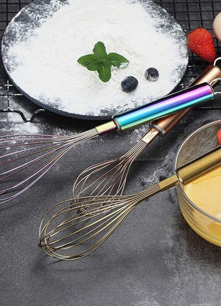 Berglander Colorful Whisks Set - Stainless Steel 8" Gold, 10" Rose Gold, 12" Rainbow Wire Whisks for Cooking