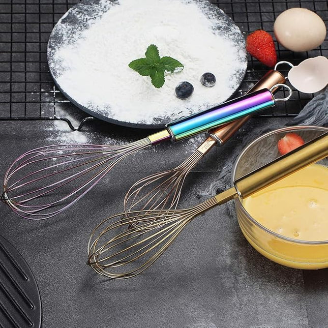 Berglander Colorful Whisks Set - Stainless Steel 8" Gold, 10" Rose Gold, 12" Rainbow Wire Whisks for Cooking