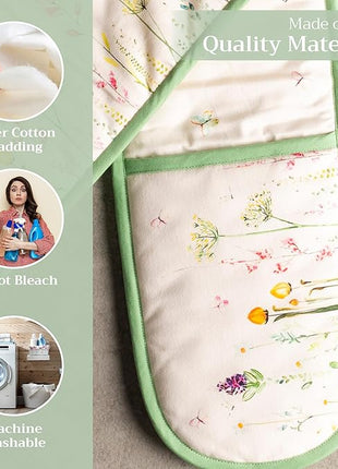 Maison d' Hermine Double Oven Mitts 100% Cotton 7"x35" Double Oven Mitt Heat Resistant BBQ Cooking Gloves with Loop, Baking, Grilling, Home, Kitchen, Handling Hot Pans Spring Summer (Botanical Fresh)