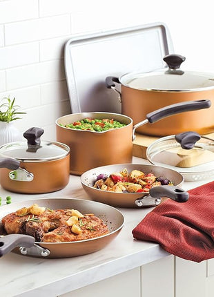 Farberware Cookstart DiamondMax Nonstick Cookware/Pots and Pans Set, Dishwasher Safe, Includes Baking Pan and Cooking Tools, 15 Piece - Copper