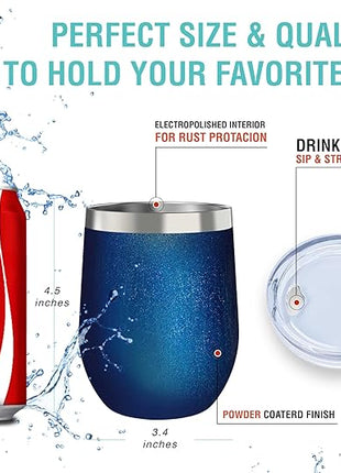 CHILLOUT LIFE 12 oz Stainless Steel Wine Tumblers 4 Pack - Double Wall Vacuum Insulated Wine Glasses Cups with Lids and Straws Set Keeping Cold & Hot for Coffee, Beer, Ice Cream - Blue Sparkle