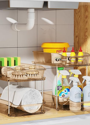 Delamu 2-Tier Under Sink Organizers and Storage, Multi-Purpose Stackable Bathroom Cabinet Organizers, Pull Out Kitchen Pantry Organization and Storage with Dividers(2 Pack, Amber)