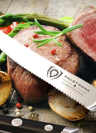 Dalstrong Steak Knives-4pc- Serrated Blade-Gladiator Series Elite-Forged German High-Carbon Steel-Table Dinner Kitchen Knives-Sheaths-Razor Sharp - Dinner Set-NSF Certified