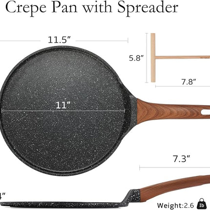 ESLITE LIFE 11 Inch Crepe Pan with Spreader, Nonstick Ceramic Flat Skillet Dosa Tawa Comales Para Tortillas Pancake Pan, PTFE & PFOA Free, Black