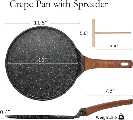 ESLITE LIFE 11 Inch Crepe Pan with Spreader, Nonstick Ceramic Flat Skillet Dosa Tawa Comales Para Tortillas Pancake Pan, PTFE & PFOA Free, Black
