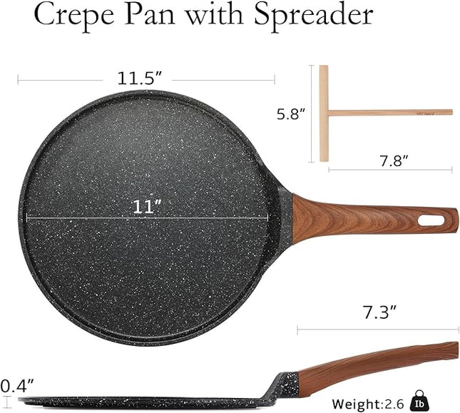 ESLITE LIFE 11 Inch Crepe Pan with Spreader, Nonstick Ceramic Flat Skillet Dosa Tawa Comales Para Tortillas Pancake Pan, PTFE & PFOA Free, Black
